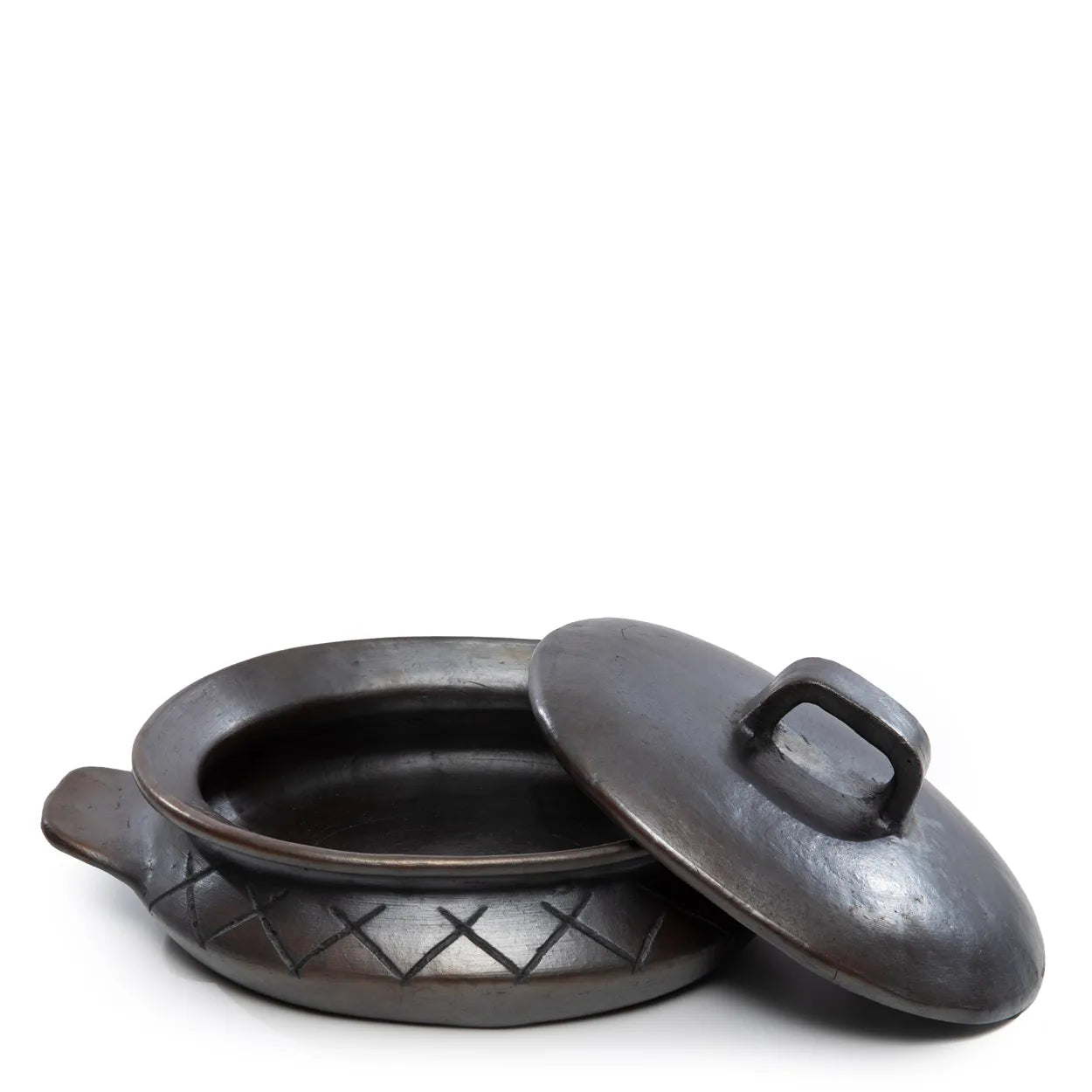 The Burnt Oval Pot with Pattern and Side Handles - Black