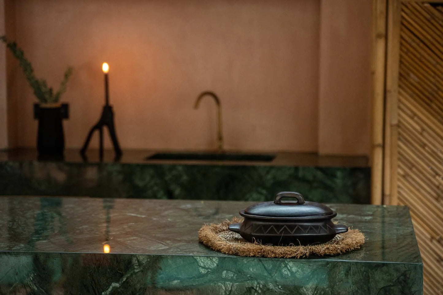 The Burnt Oval Pot with Pattern and Side Handles - Black