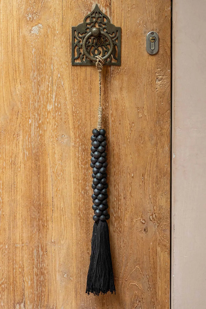 Perles en bois avec pompon en coton - Noir 2 pièces