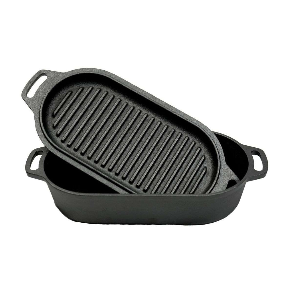 Dutch Oven Cast Iron Roasting Pan with Grill Lid Oval 2 Liter