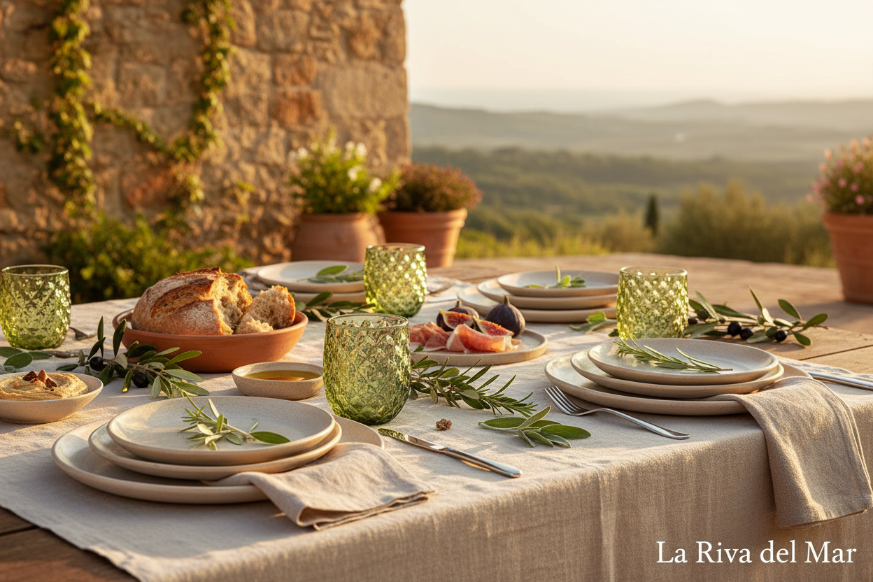 Mediterrane gedekte tafel met olijfgroene glazen