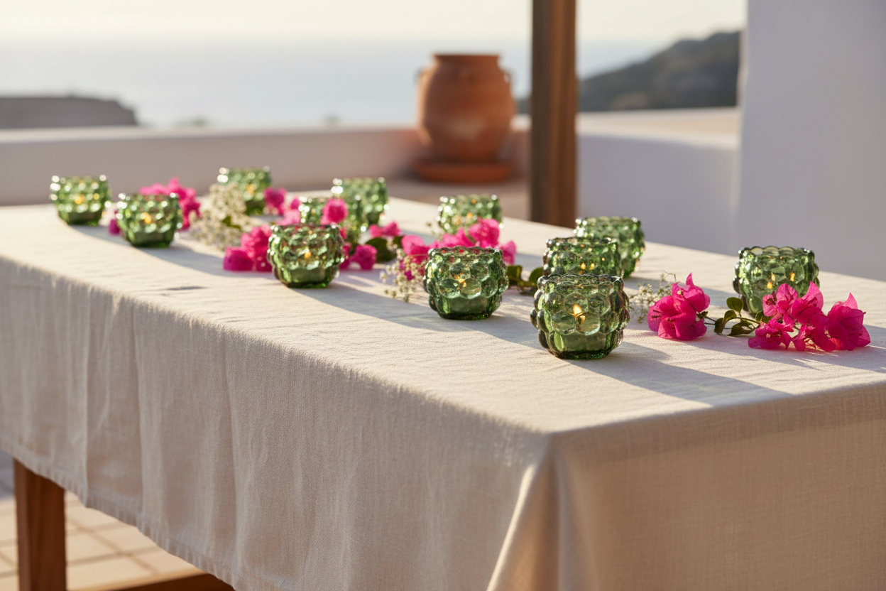 Tafel vol groene kaarsenhouders met theelichtjes