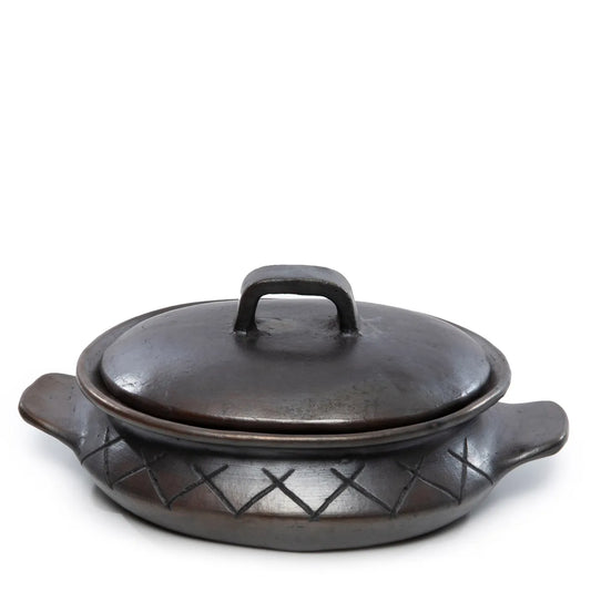 The Burnt Oval Pot with Pattern and Side Handles - Black