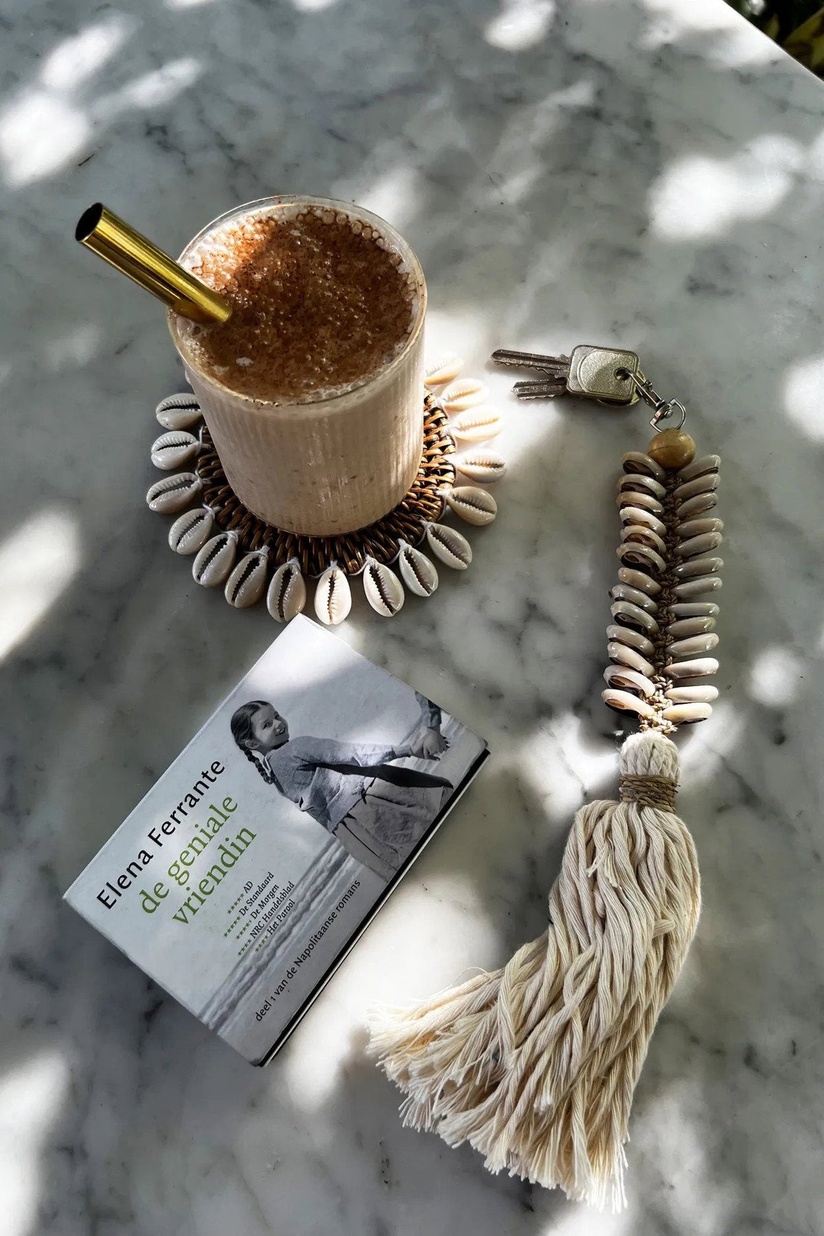 De macramé-visgraat-sleutelhanger - crème