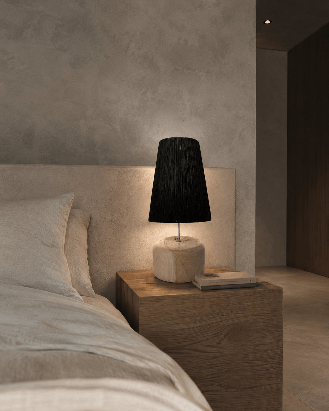 De Raffia Teak Houten Tafellamp - Natuurlijk Zwart