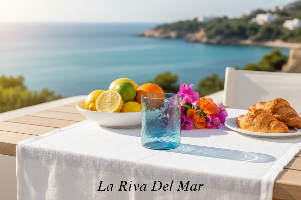 Blauw gehamerd drinkglas sprankelend aan zee - La Riva Del Mar