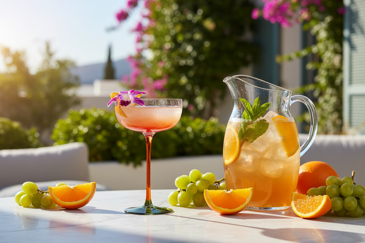 Cocktailglas met oranje fruit groene druiven en pitcher