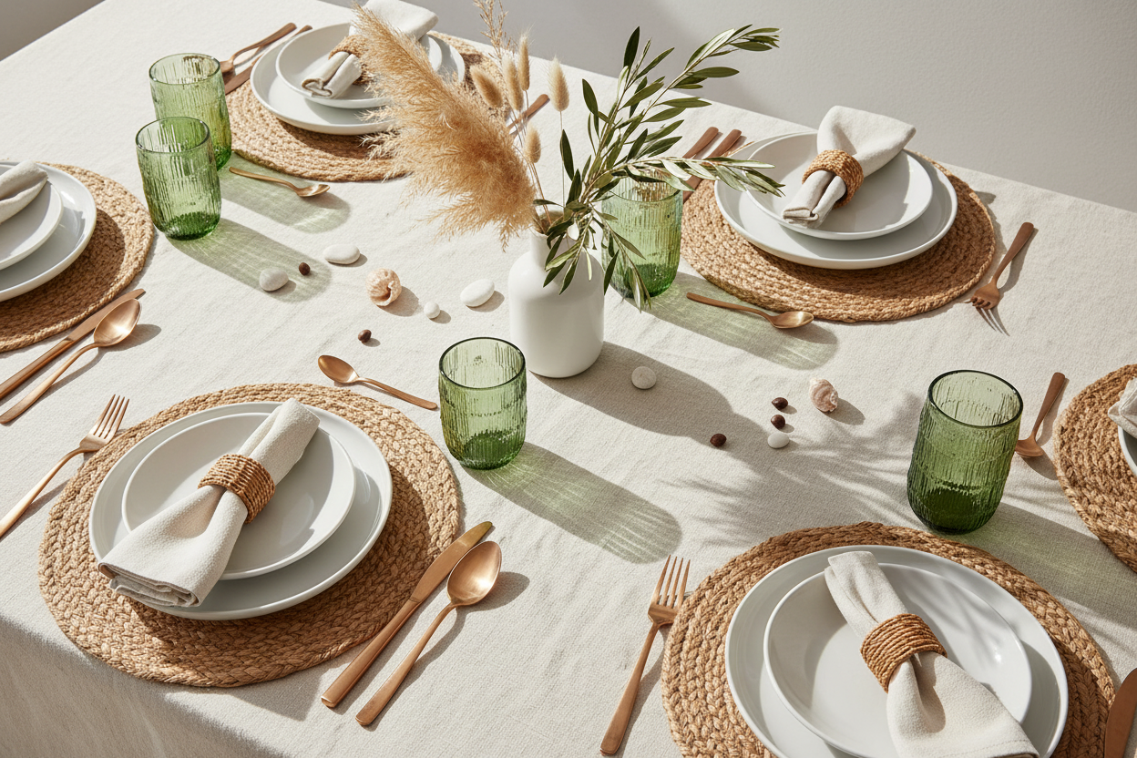 Gedekte tafel met groene glascollectie