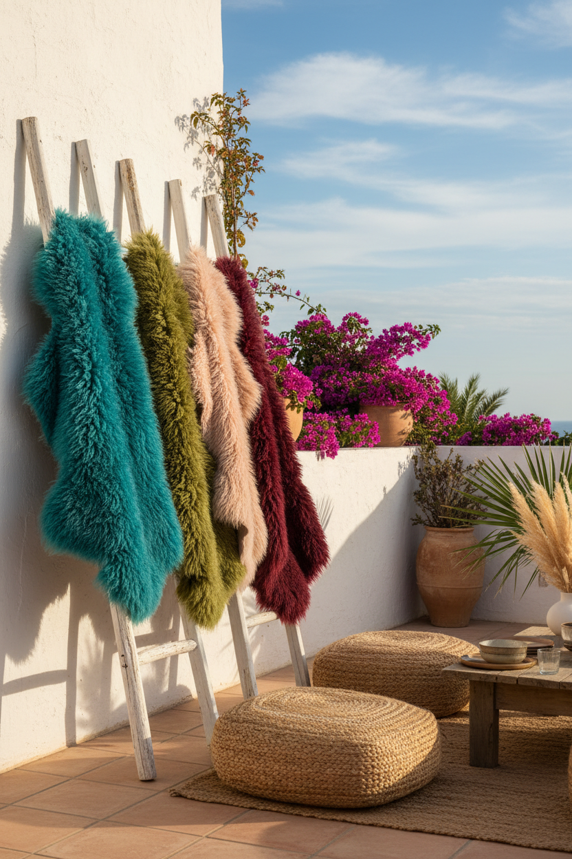 Gekleurde schapenvachten ladder Ibiza stijl