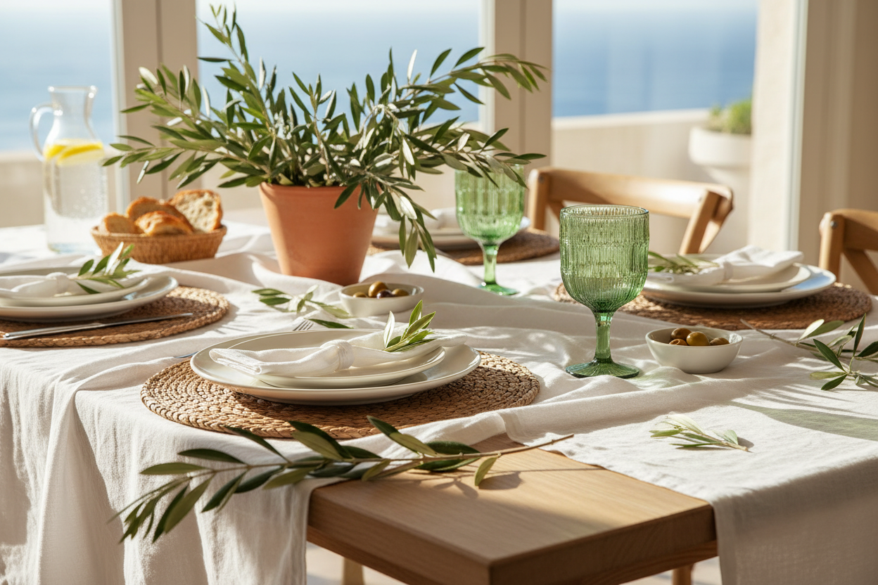 Groen wijnglas op Ibiza tafel met olijftakken