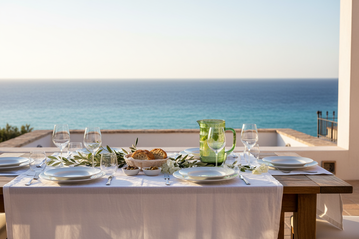 Groene karaf op dinnertafel met zeezicht