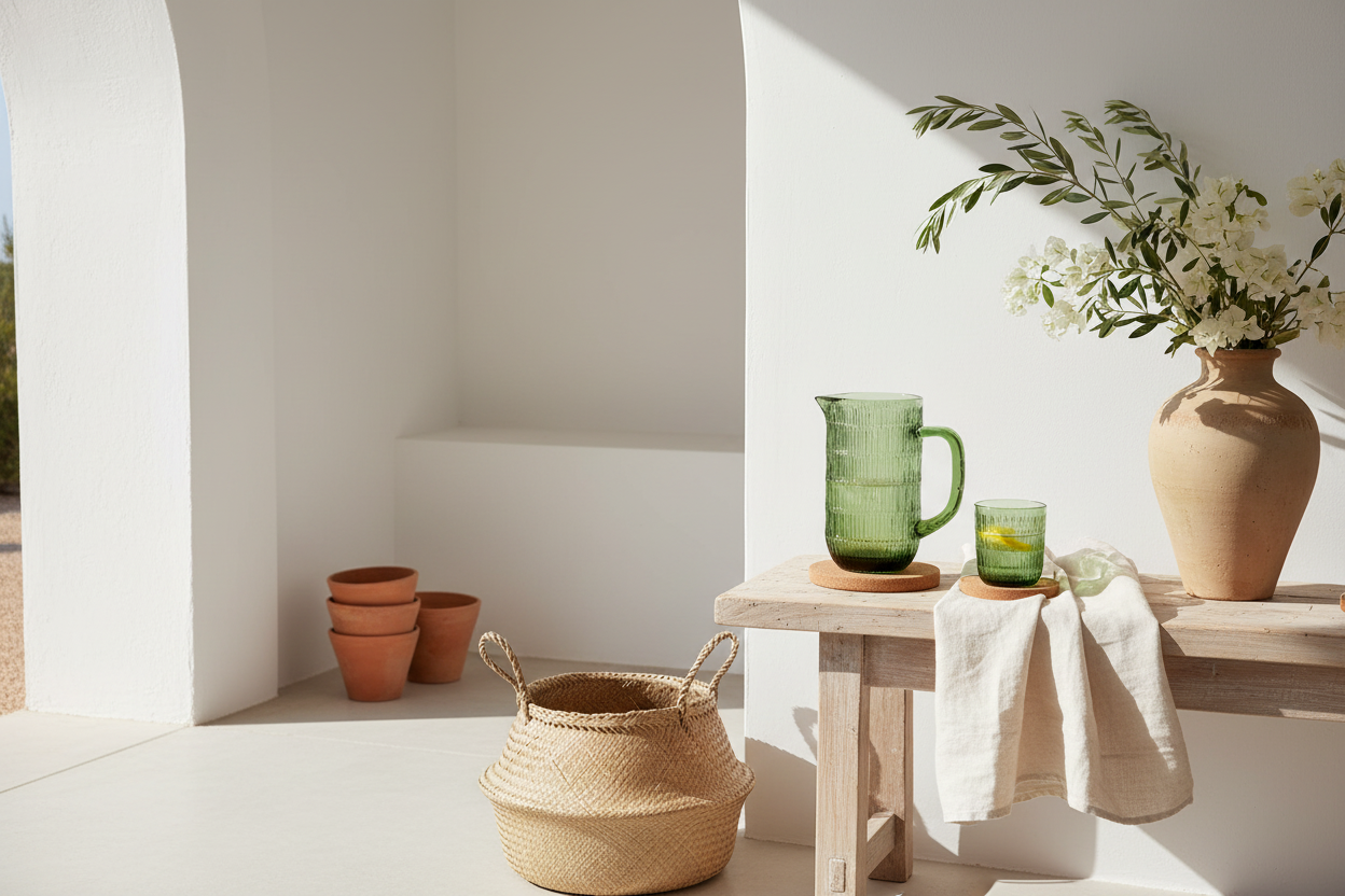 Groene karaf op sidetable in zuiderse setting