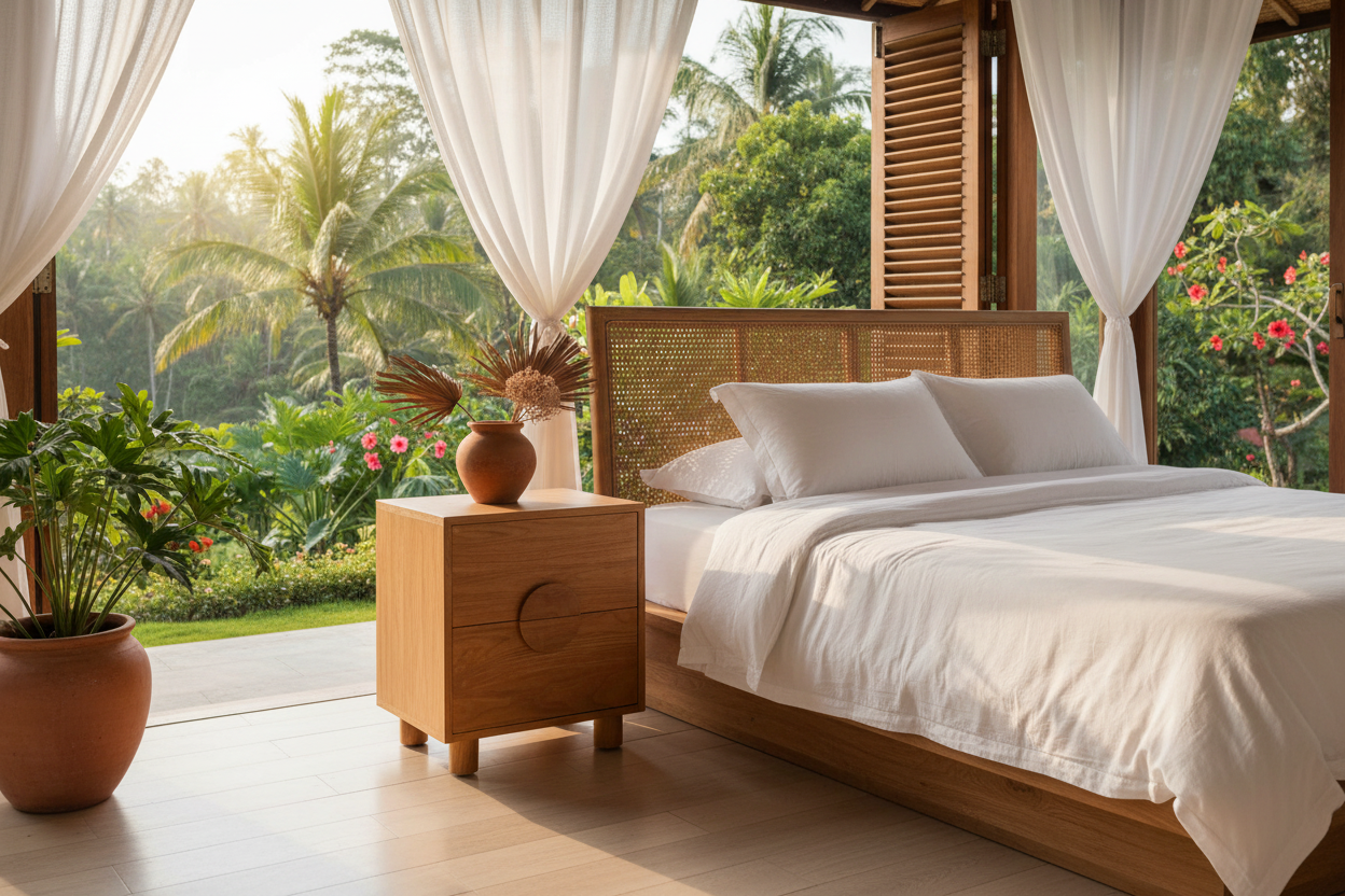 Harmony nachtkastje in open Balinese slaapkamer