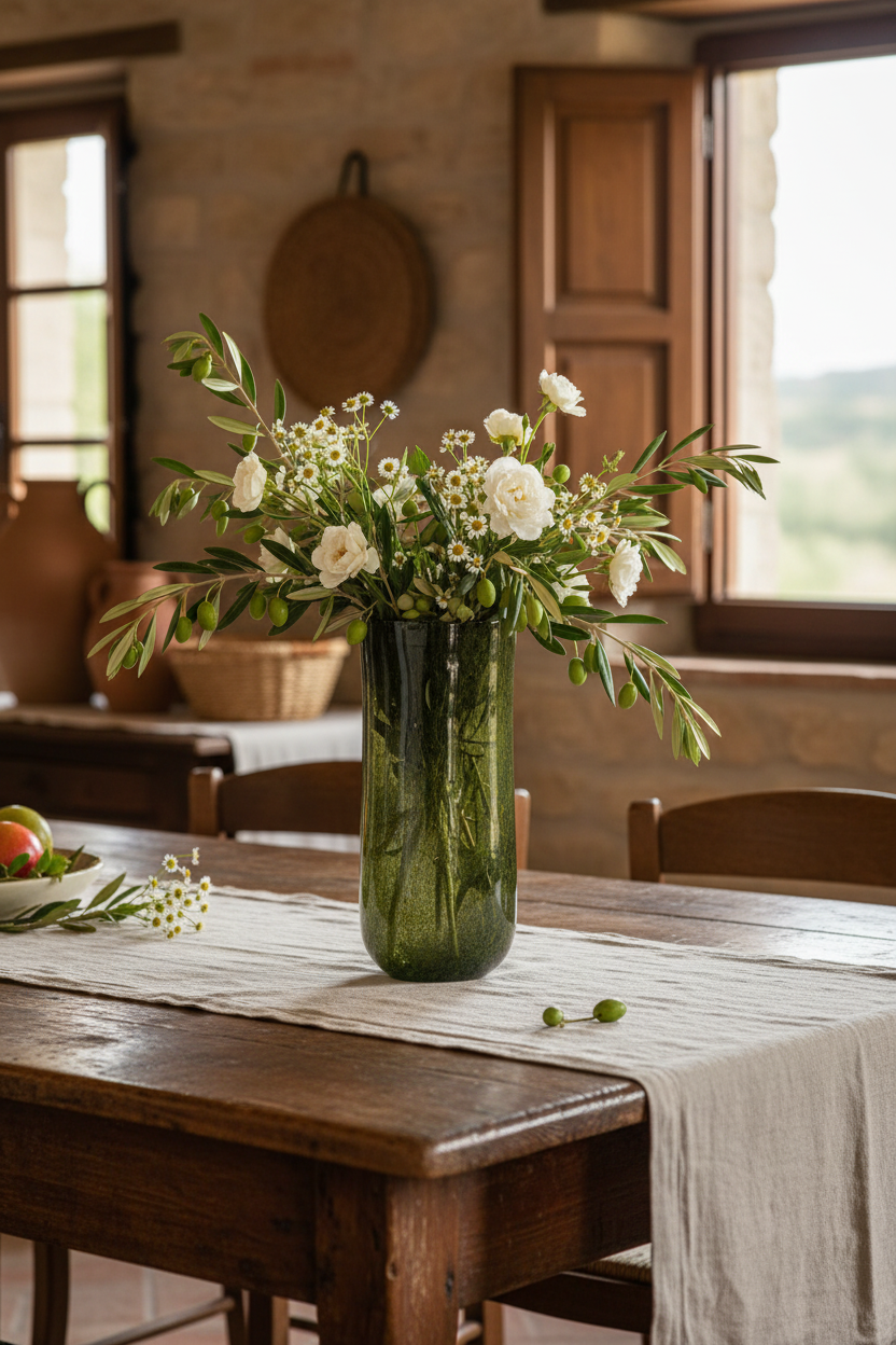 Hoge olijfgroene vaas met witte bloemen op Italiaanse tafel