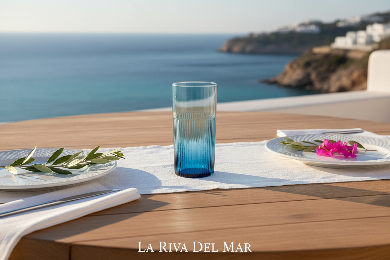 Hoog blauw tumbler glas mediterrane setting - La Riva Del Mar