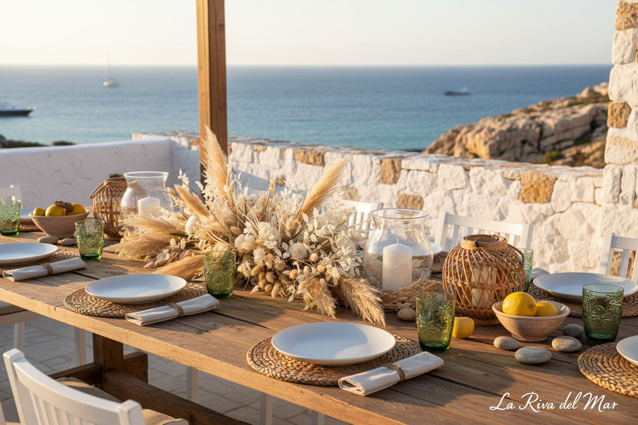 Ibiza stijl gedekte tafel met Palm Breeze glazen