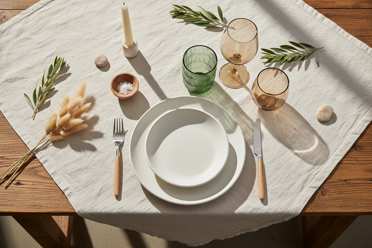 Ibiza-stijl tafelsetting met groen glas