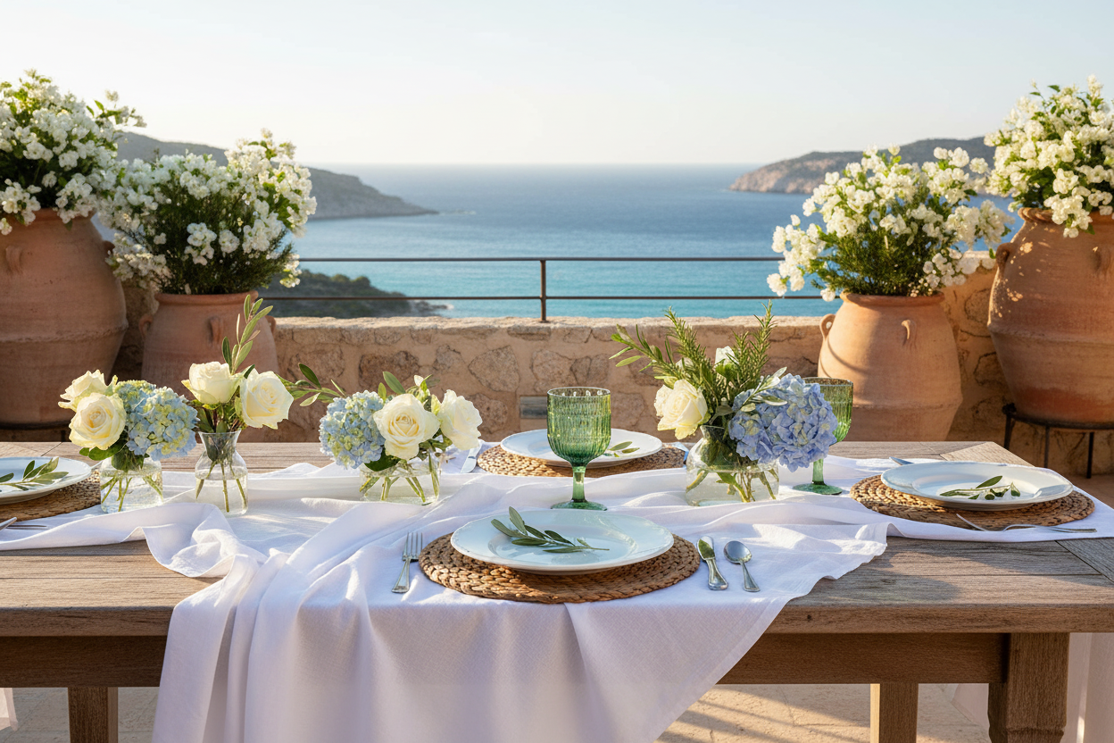 Ibiza tafel met groen wijnglas en zeezicht