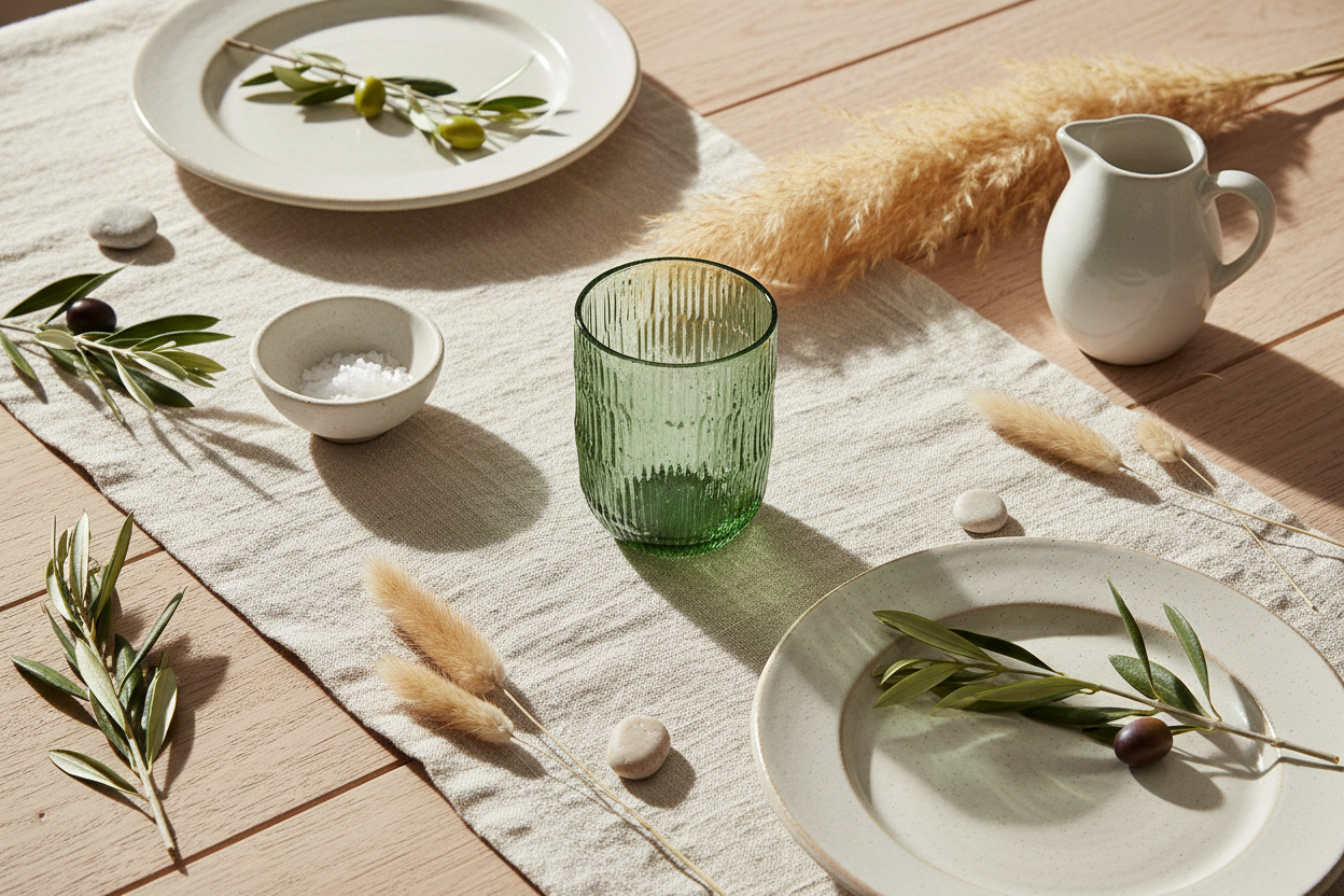 Ibiza tafelsetting met groen glas centraal