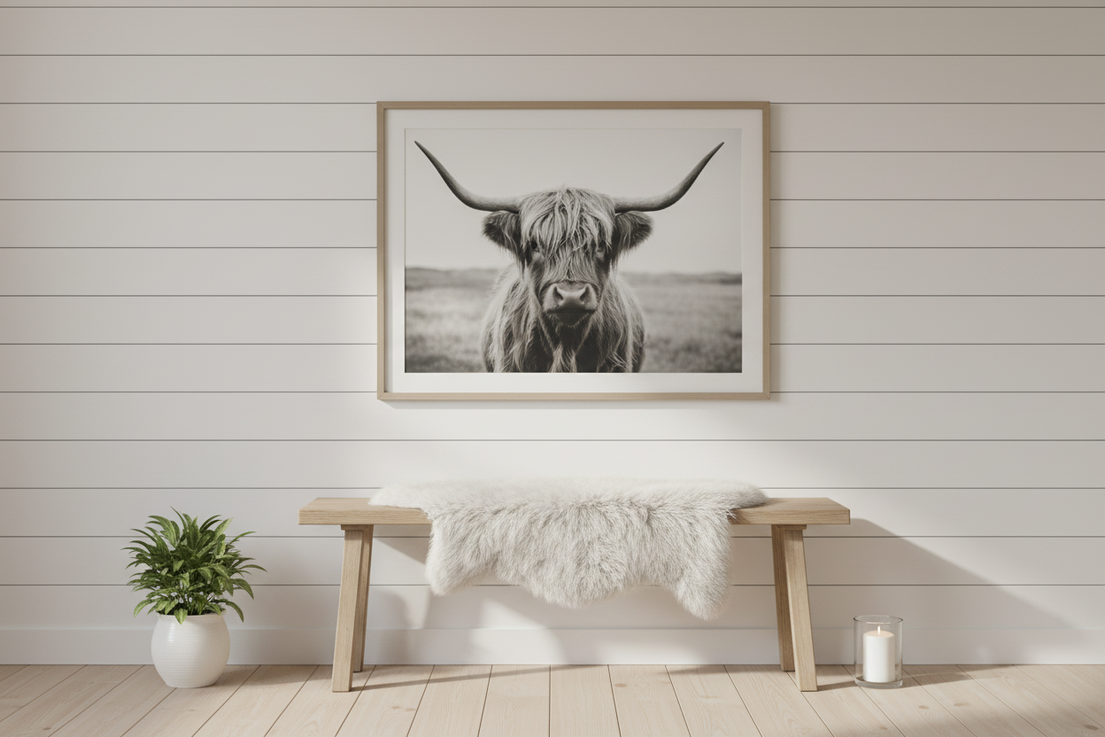 Kleine witte Texelse schapenvacht met hooglander kunstwerk