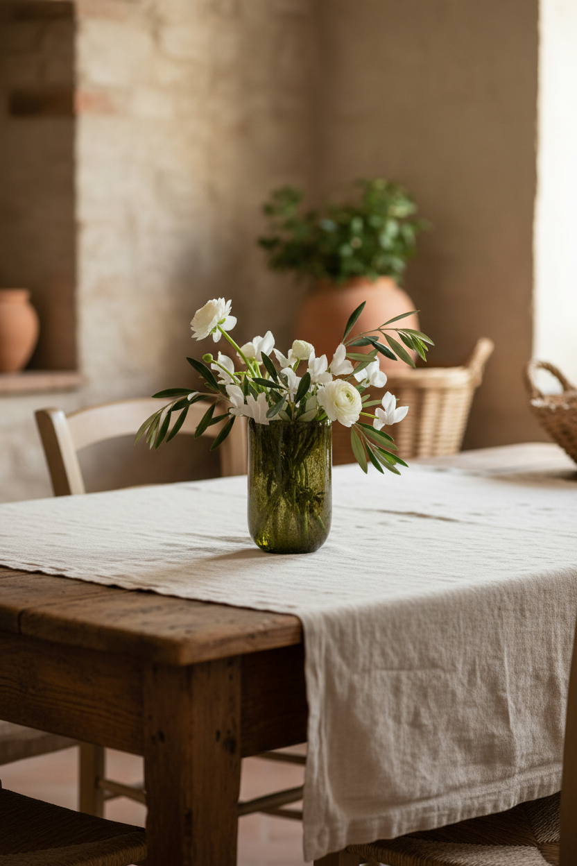 Lage olijfgroene vaas met witte bloemen op Italiaanse tafel