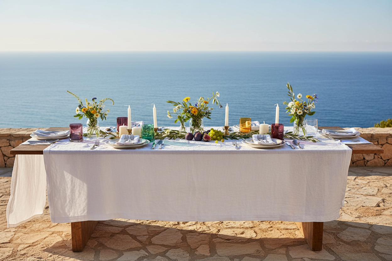 Lange tafel voor 8 met alle tumbler kleuren en zeezicht