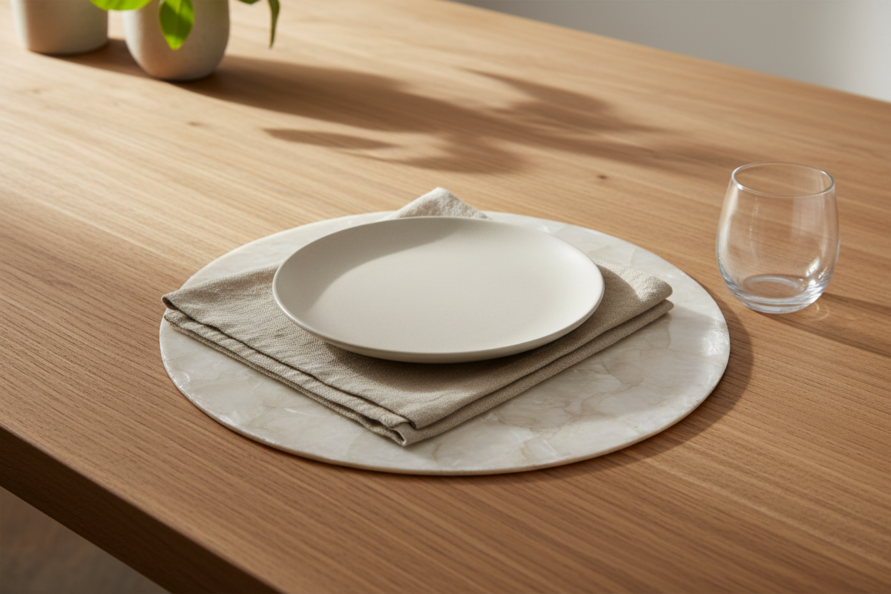 Lifestyle shot van ronde schelpen placemat