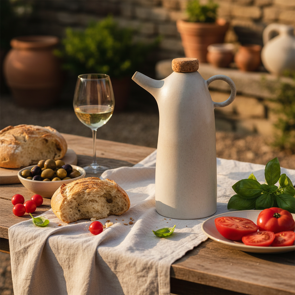 Olijffles slanke vorm op Italiaanse tafel buiten