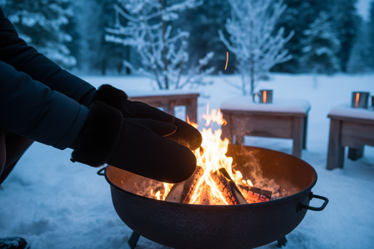 Persoon met zwarte wanten bij vuurkorf