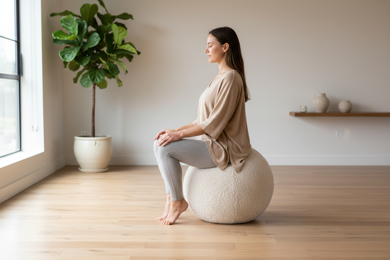 Persoon op yogabal in wellness omgeving