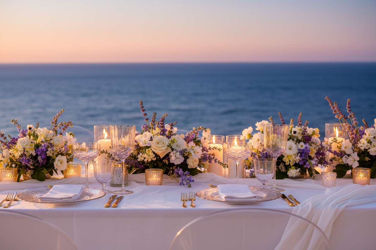 Receptietafel wijnglas en cocktailglas aan zee