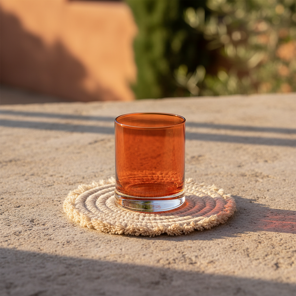 Sfeerbeeld oranje tumbler op katoenen onderzetter