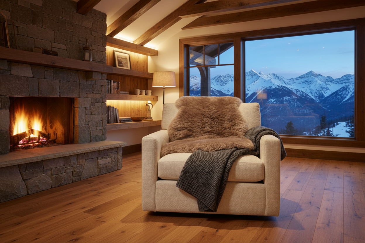 Taupe schapenvacht in alpine chalet