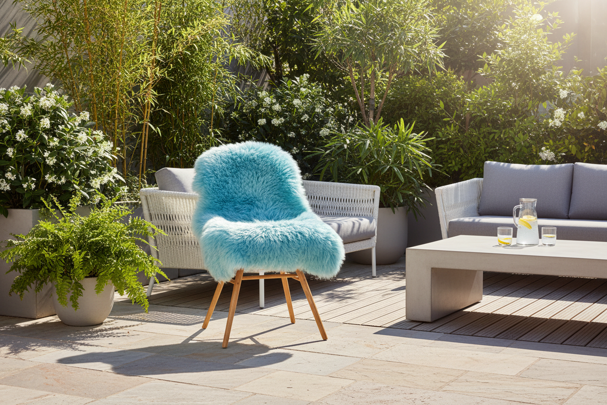 Turquoise schapenvacht op zonnig terras