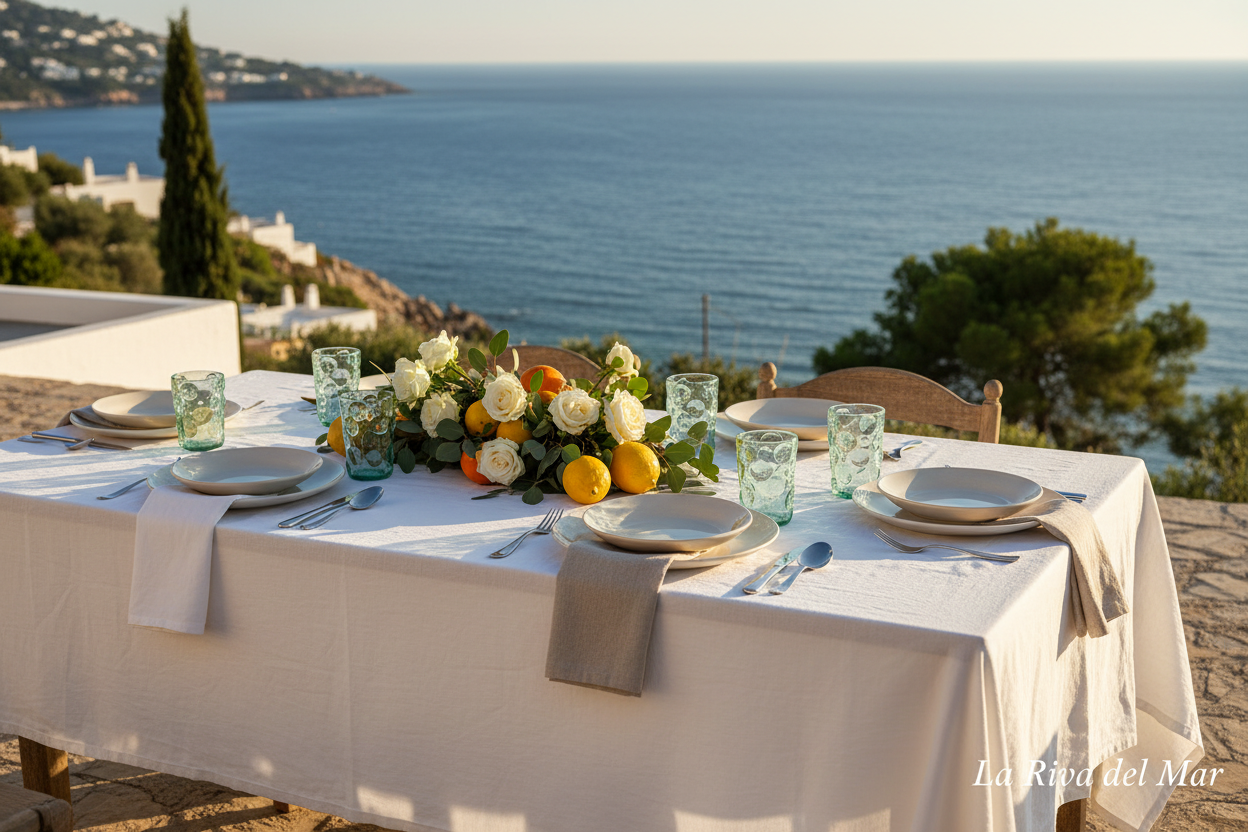 Volledig gedekte tafel met aqua glazen aan zee