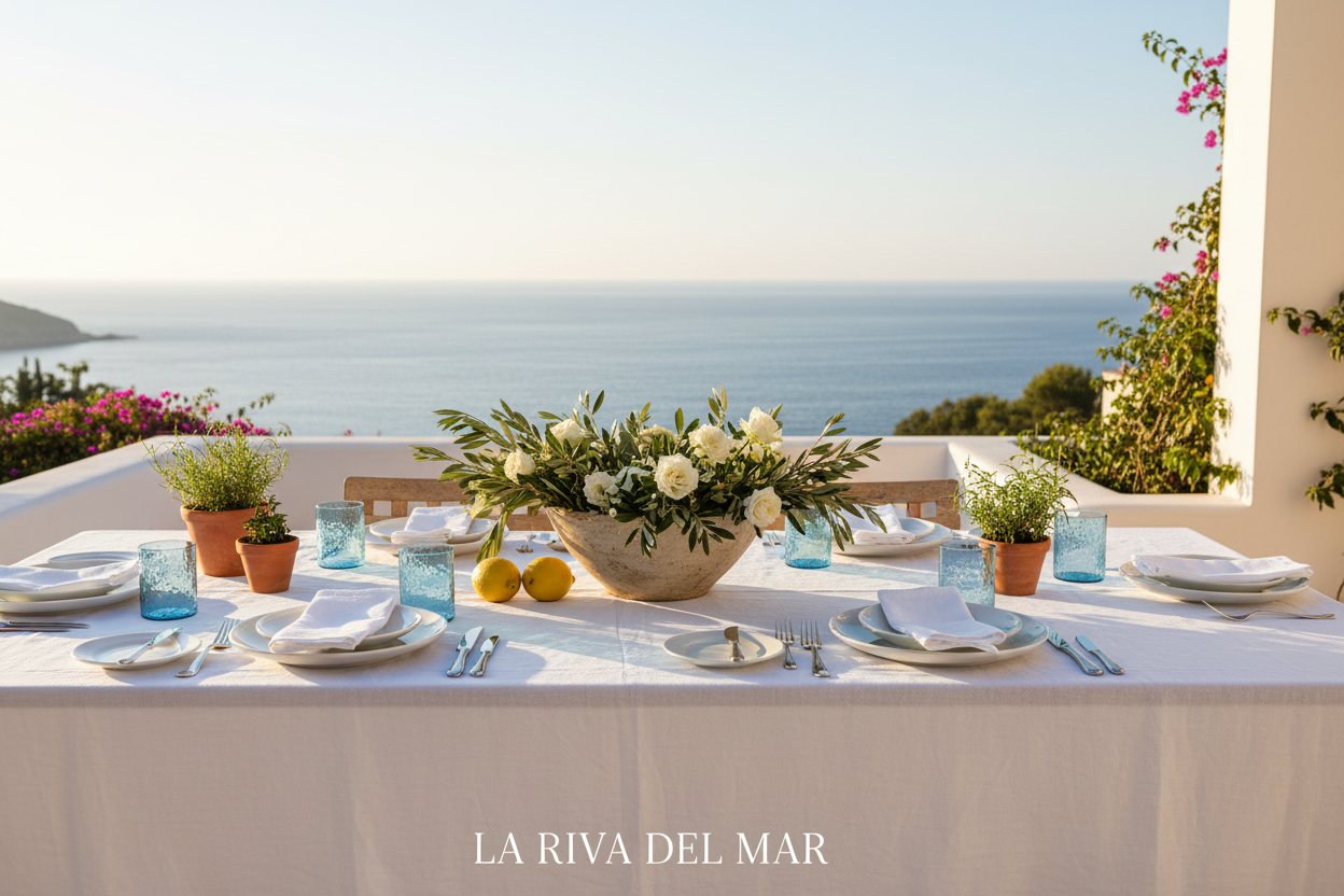 Volledige gedekte tafel met blauwe gehamerde glazen - La Riva Del Mar