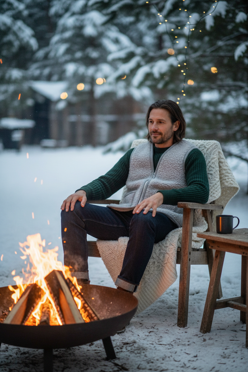 Winterse buitenfoto bodywarmer bij vuur