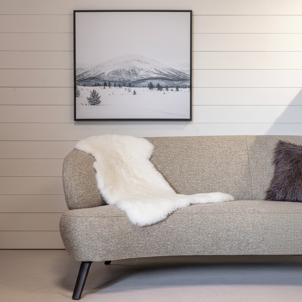 Witte Texelse schapenvacht met witte houten muur