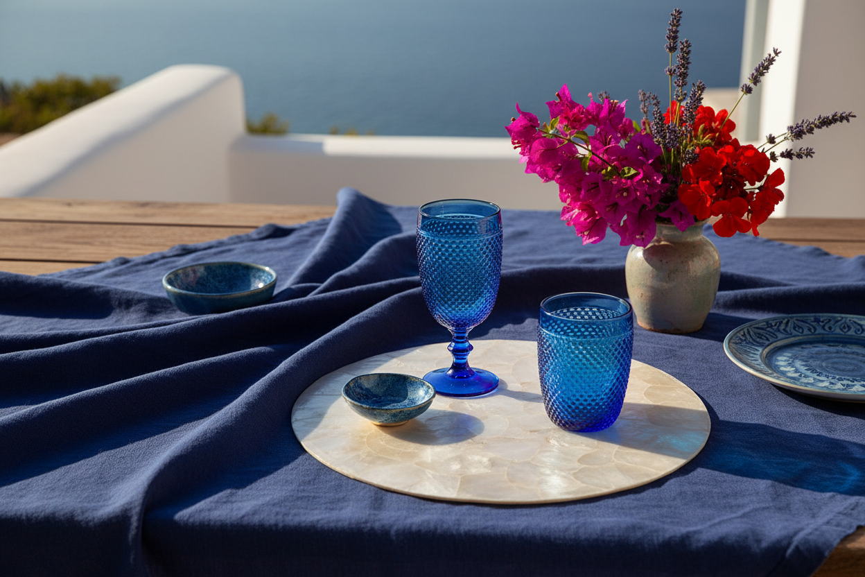 Zuiderse lifestyle shot met donkerblauw linnen en bloemen