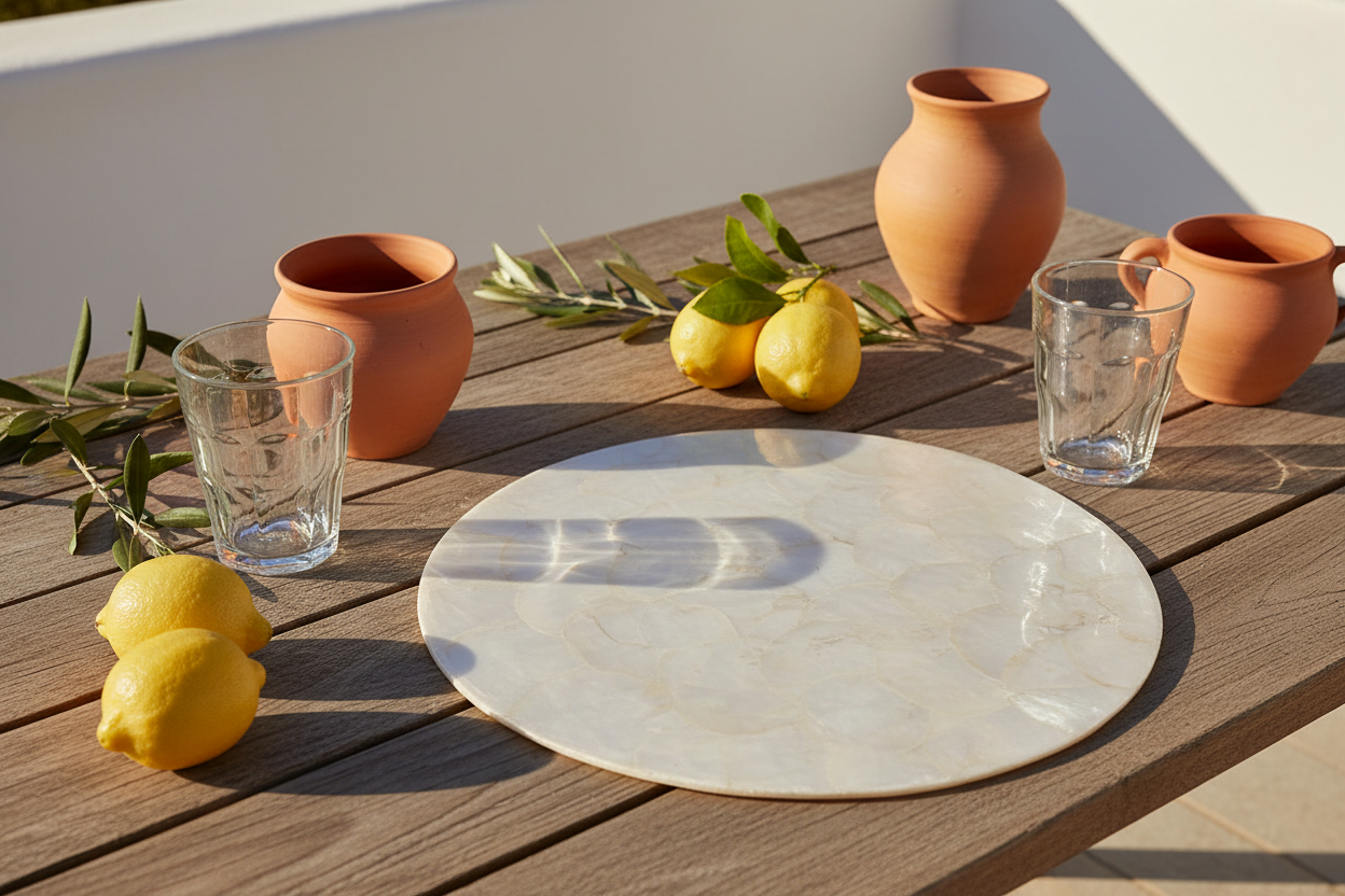 Zuiderse lifestyle shot van ronde schelpen placemat