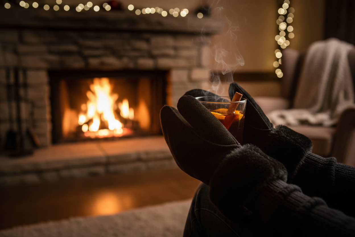 Zwarte wanten bij haardvuur met drankje